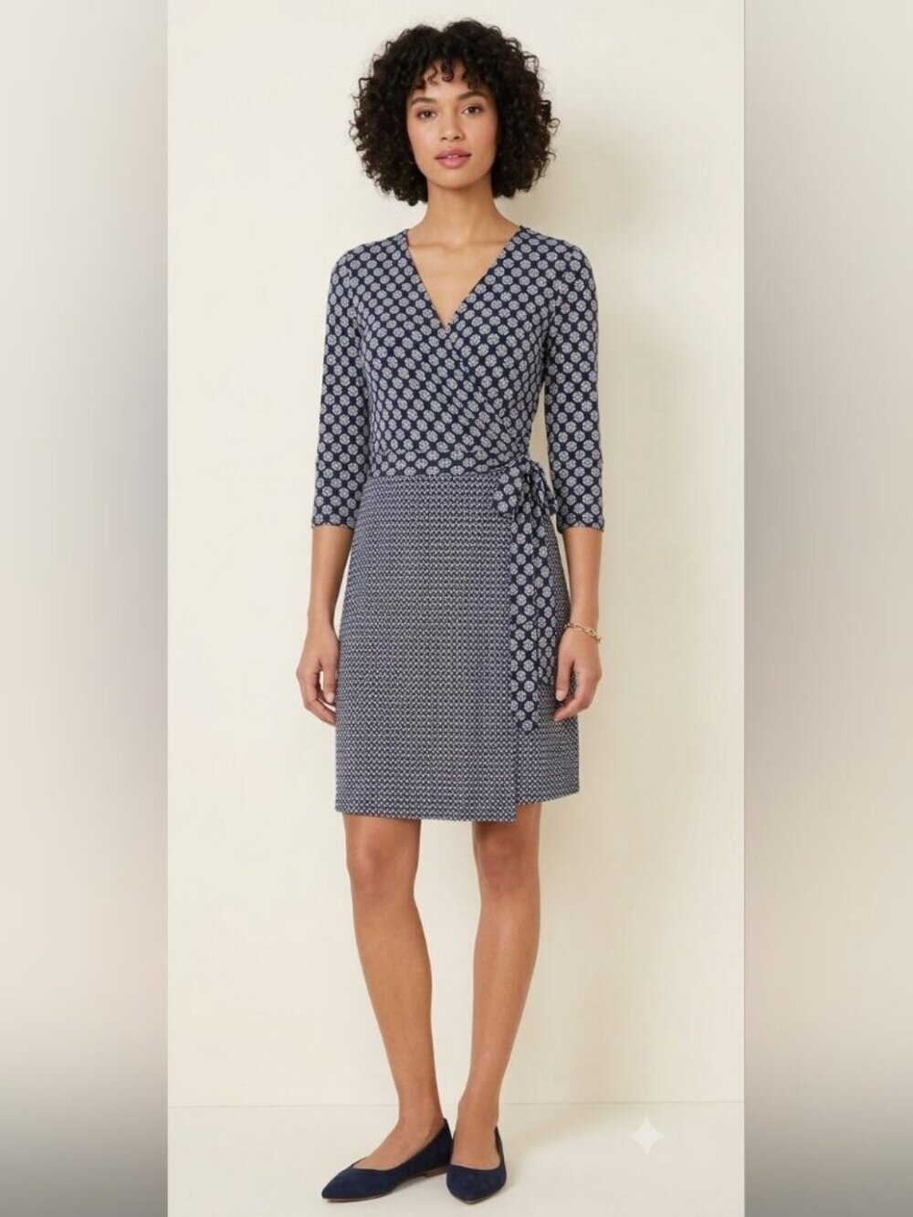 Suzy Shier Stretch Knit Navy White Geometric Wrap Y2K Dress Size S